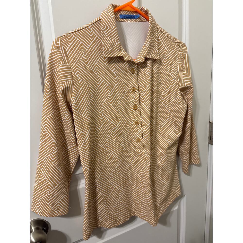 J McLaughlin Court 3/4 sleeve polo Catalina cloth sz m  tan white pattern EUC